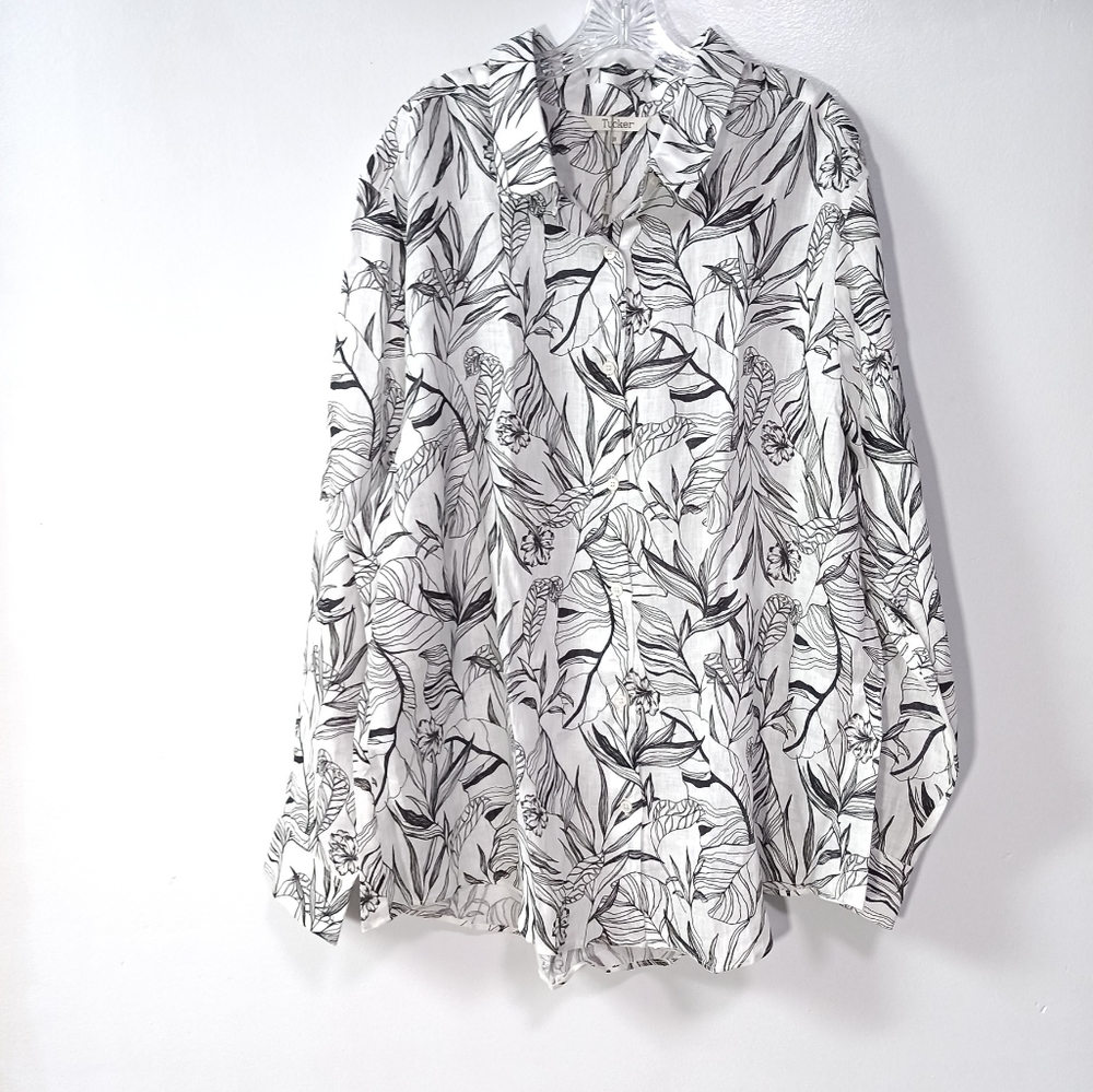 Tucker NYC button front shirt white palms in lightweight linen Plus Size 3X